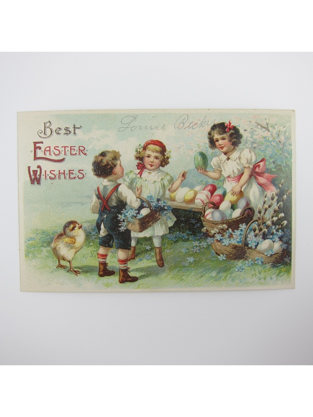 Easter Postcard Children Baskets Colored Eggs Blue Flowers Yellow Chick Antique